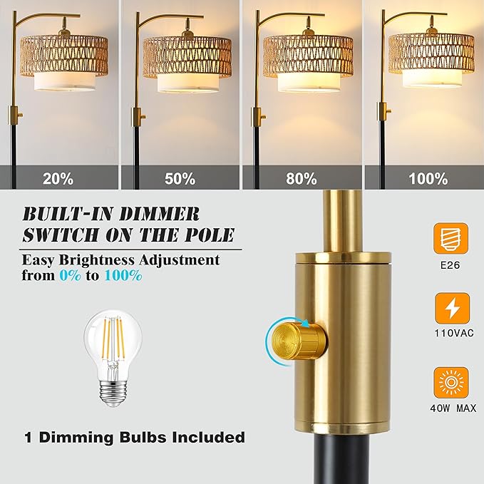 Dimmable Floor Lamp with Table and Marble Base, Arc Floor Lamp with Dimmable Bulb, Boho Farmhouse Standing lamp with Fabric & Rattan Lampshades for Living Room Bedroom (Black and Gold)