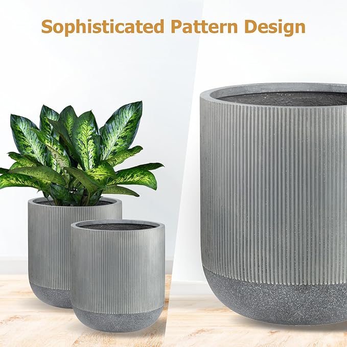 18.7" H x 16.9" D Ribbed Radius Fiberstone Round Planter with Drainage Hole, Weather Resistant for Indoor and Outdoor Use, Included 2 Extra Coco Mats (Charcoal, 15" Pot Opening)