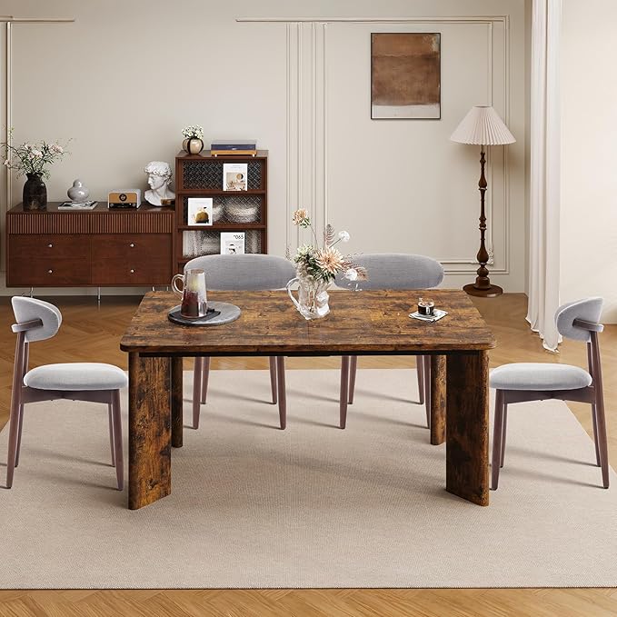7-Piece Rectangular Dining Table Set for 6, 63" Industrial Kitchen Table with 6 Wooden Upholstered Dinner Chairs for Dining Room, Kitchen, Living Room, Brown+Light Gray