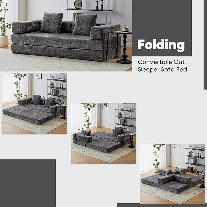 Convertible Floor Sofa Bed with Fixed-Shape Frame, Modular Chenille Folding Mattress Couch with Armrest, Floor Sofa Lounge Couch for Living Room Bedroom Lounge Studio,Dark Grey