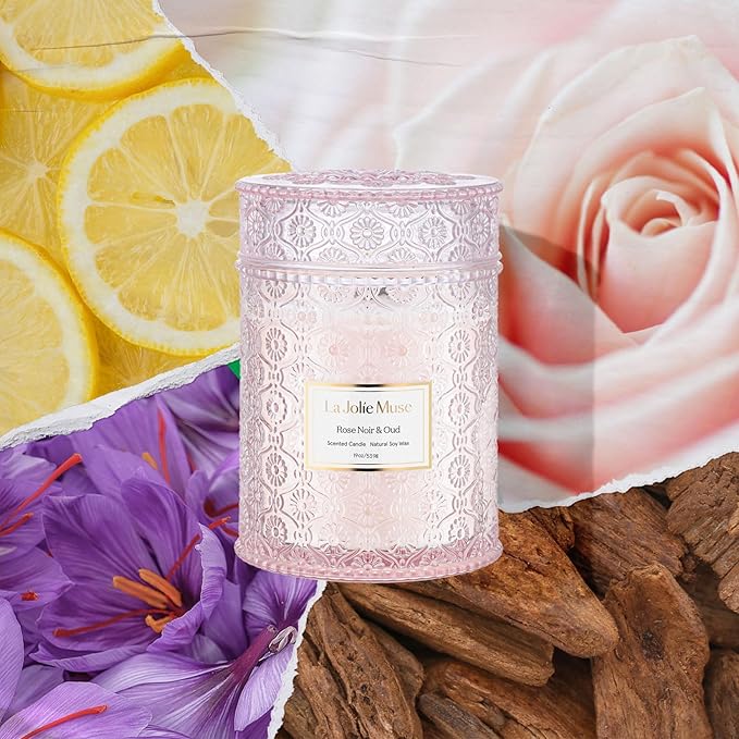 LA JOLIE MUSE Rose Noir & Oud Scented Candle – Lemon, Rose & Oud |19 oz Large Wooden Wick Candle | Natural Soy Wax | 90 Hours Clean Burn | Gift-Ready for Hosts & Gatherings | Elegant Home Décor