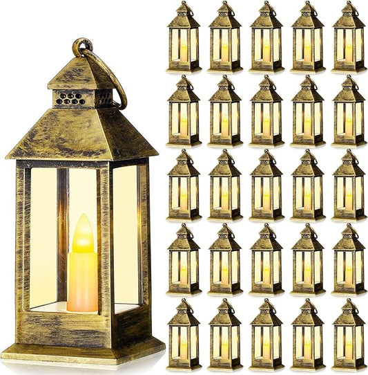Hoolerry 24 Set Halloween Mini Lanterns with LED Candles 5.5'' Decorative Hanging Small Vintage Lantern Centerpiece Battery Powered for Wedding Table(Bronze)