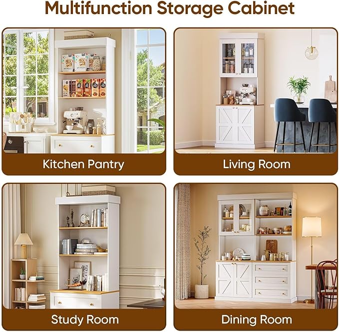 Vyre 71" Farmhouse Kitchen Pantry Cabinet Set of 2, White Freestanding Coffee Bar Hutch with Drawers & Adjustable Shelves, Large Storage Cabinet with Microwave Stand for Living Room & Kitchen