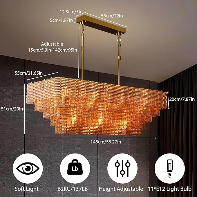 Rectangular Large Chandelier for Dining Room, 59" Amber Glass Pendant Light Fixture Over Kitchen Island, Linear Chandelier with Adjustable Height, Gold Chandeliers for Dining Table & Living Room