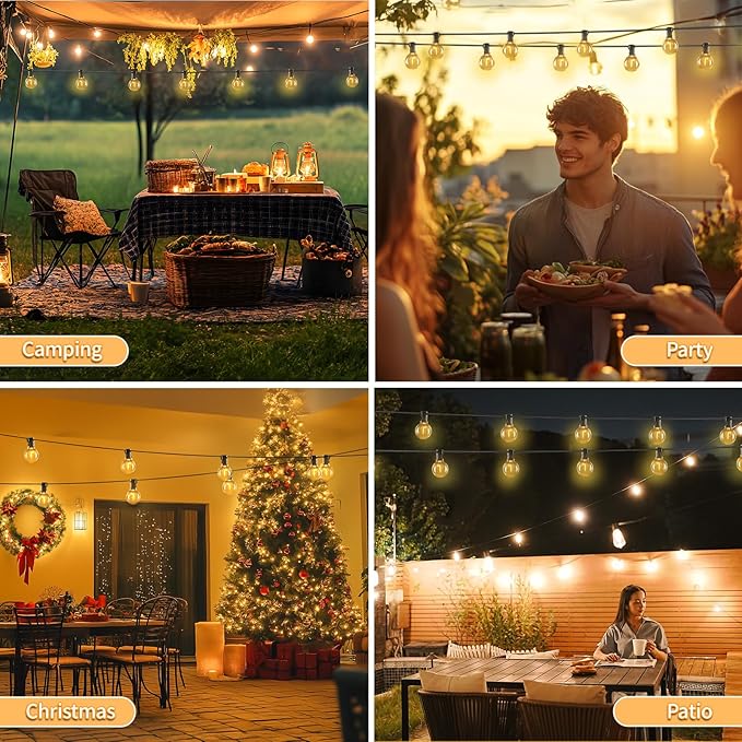 50ft LED String Lights with Remote, 25+1Bulbs Dimmable Patio Lights Outdoor, 24V Waterproof Plug, G40 Hanging Light for Outside Deck Garden Backyard Porch Party Decor