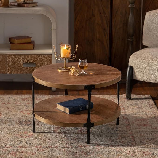 Round Two-Tier Coffee Table with Storage, 30.71" Circle Accent End Table with Metal Legs, Wooden Center Table for Living Room, Side Table Home Furniture - Walnut
