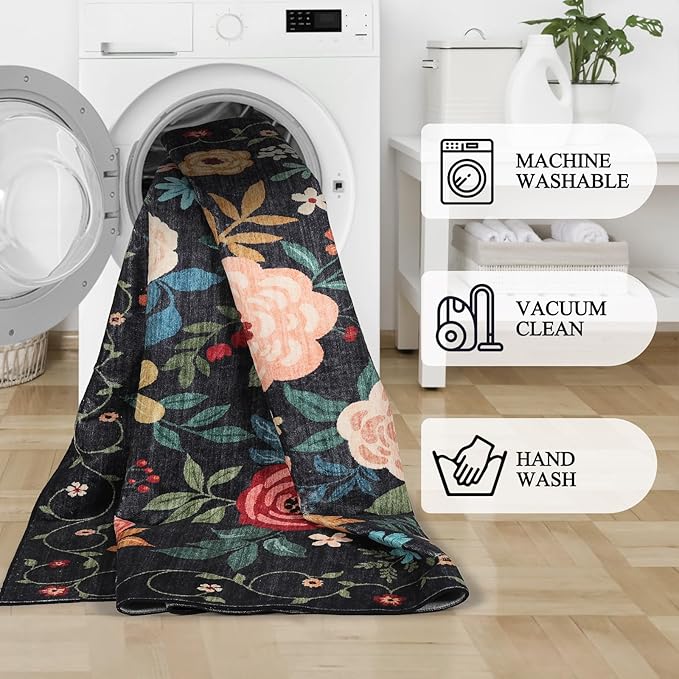 DUKINO Floral Round Rug, 4ft Washable Round Area Rug, Non Slip Indoor Low Pile Circle Rug, Soft Small Boho Design Circle Rug for Bedroom, Entryway, Living Room, Dining Room,Black