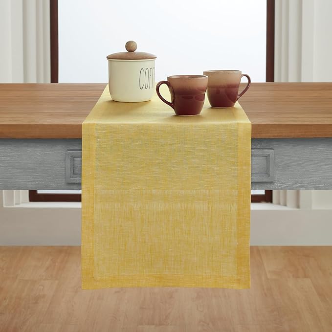 Solino Home Linen Table Runner 132 Inches Long - Athena, 100% Pure Linen Chambray Lemon Yellow Table Runner 14 x 132 Inch for Dining