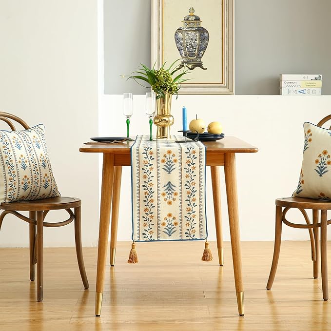 ISAENNE Designer Pale Yellow Elegant Linen Extra Long Table Runner 118 Inches,French Floral Pattern Elegant Table Runners for Dining Tables,Thanksgiving,Kitchen Tables,Christmas,12"*118"-Estevan A