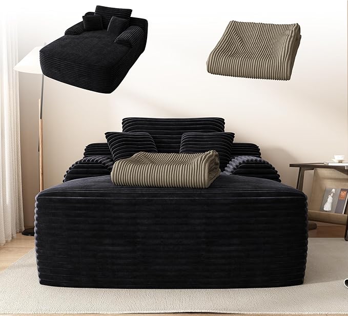 67" Oversized Chaise Lounge Chair with Cover, Comfy Sleeper Sofa Bed, Black Plush Corduory Couch for Living Room,Sofa in A Box,No Assembly Required (Corduroy Camel Cover).