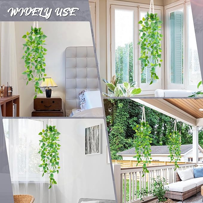 LOYWREE 2 Pack Artificial Hanging Plant Kit with Pot and Hanger - 39" Long Fake Pothos Vines - Hanging Potted Faux Plant Indoor for Wall Ceiling Bedroom Bathroom Living Room Home Decor (White Pot)