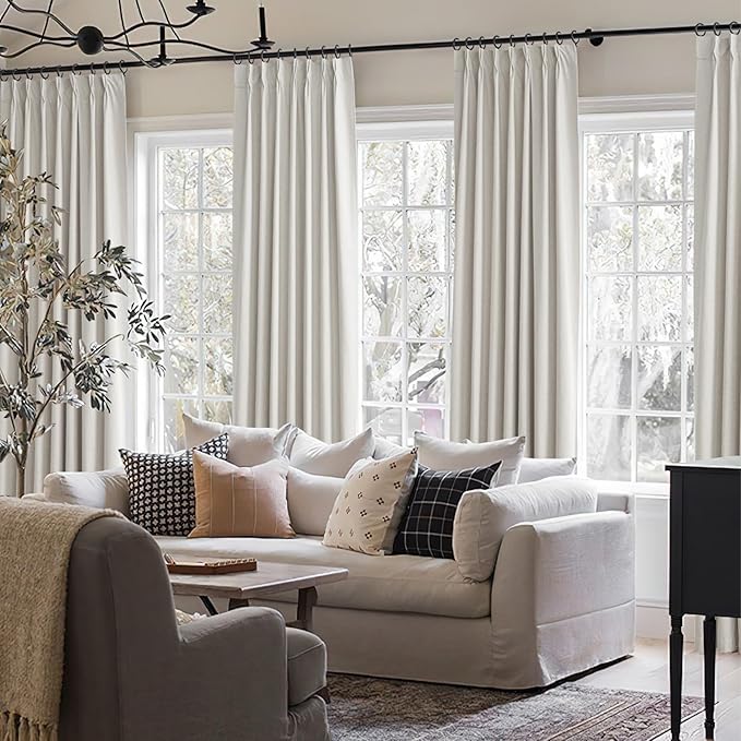 Birch Unique 80 Inch Pinch Pleated Curtains Blackout for Bedroom 2 Panel Set, Neutral Cream Linen Blend Pleat Memory Trained Drapes Room Darkening Insulated Nursery Back Tab 40x80 Inches Window Burg
