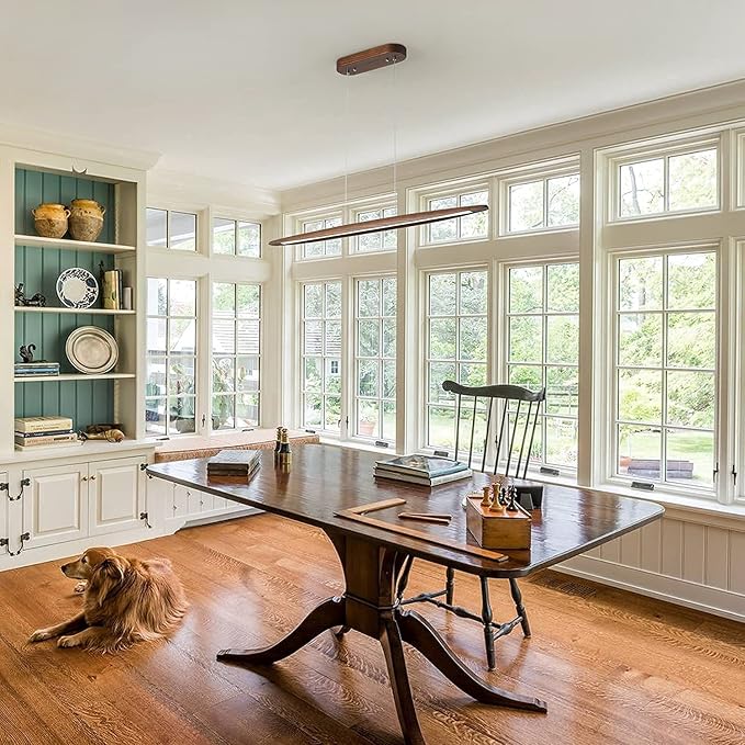 39" Wood Linear Pendant Light LED Dimmable Hanging Light Dinning Room Light Fixture Island Lights 24w for Dining Room Kitchen Island Bar Walnut Color