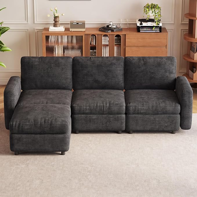Exlarge Modular Sectional Sofa,111.5" U-Shaped Corduroy Comfy Sectional Couches for Living Room,Modern Deep Seat Sofa,3-Seater Cloud Couches with 1 Movable Ottomans,Flexible Combination (Grey)