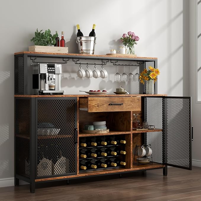 Wine Bar Cabinet with Drawer and LED Lights, 55 Inches Industry Coffee Bar Cabinet with Wine Rack and Glass Goblet Holder, Kitchen Sideboard Buffet Cabinet for Liquor and Goblet