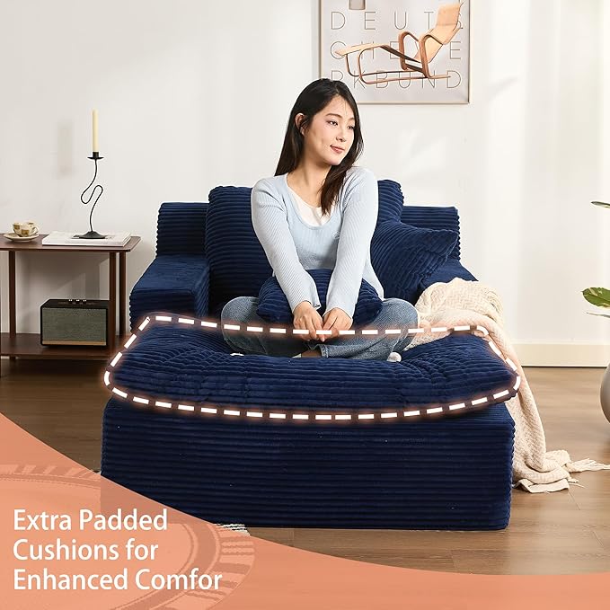 63" Oversized Chaise Lounge Chair Indoor, Extra Cloud Layer, Convertible Sleeper Sofa Couch with Removable Pillows & Side Pockets, Corduroy Upholstered Sofa Bed with Armrests for Living Room, Blue