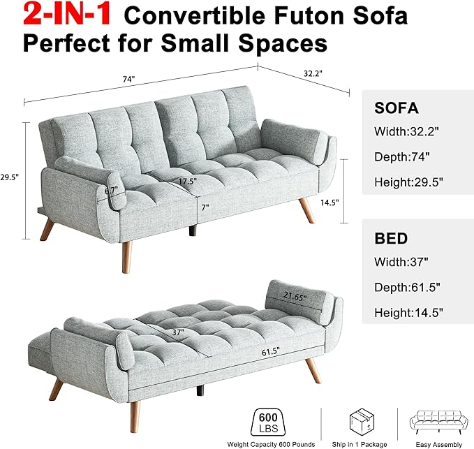 Futon Couch for Small Spaces & Apartment, 2-in-1Modern Comfy Loveseat Convertible Sofa Bed, 75.4-Inch Compact Design for Living Room, Dorms, and Studios-Light Grey