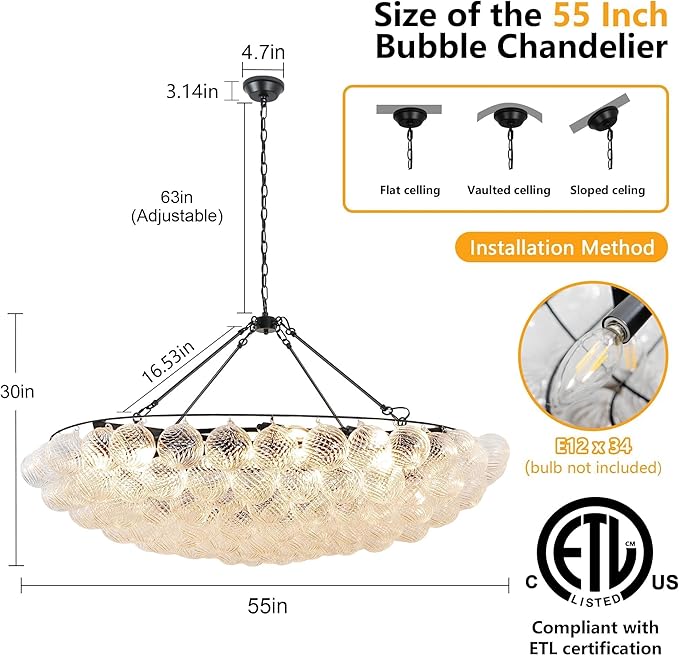 Bubble Chandelier Dia 55 Inch, Modern Hand Blown Glass Chandelie Cluster Glass Globe Pendant Light for Dining Room, Living Room, Farmhouse, 34 Lights