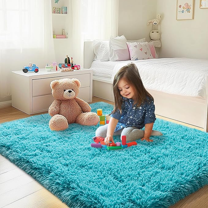 3x5 Area Rug for Bedroom, Soft Rugs for Living Room Nursery Kids Room Dorm Home Decor Aesthetic, Fluffy Shaggy Rug with 4 Anti-Slip Carpet Tapes, Teal Blue