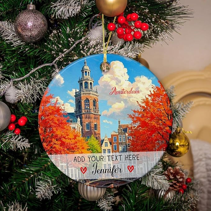 Custom Text/Name Amsterdam Capital Scenery Ceramic Christmas Ornament, Personalized Amsterdam Netherlands Ornament 2025, European Travel Souvenir Collection Xmas Tree Ornaments Gift for Family Friend