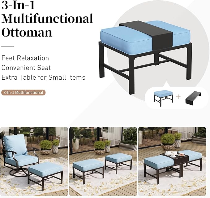 7 Piece Metal Outdoor Patio Furniture Sets, Patio Conversation Sets 1 3-seater Sofa, 2 Fixed Chair, 2 Rocking Chair, 2 Ottomans with 5.75" Thick Cushion, Black Backyard Furniture, Blue