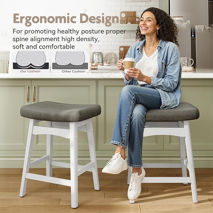 MAISON ARTS White Counter Height Bar Stools for Kitchen Counter Solid Wood Legs with Faux Leather Saddle Seat Farmhouse Barstools for 34"-38" Counter Island Upholstered Stools, 24in Height