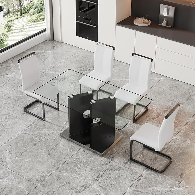 Glass Dining Table Set of 4, 63" Dinner Room Glass Table Set for 4, Modern Kitchen Dinner Table Set with 4 Upholstered Faux Leather Dining Chairs for Living Dining Office Room