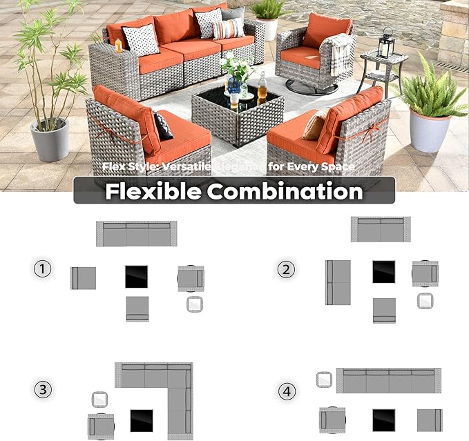ovios 8 Pieces Patio Furniture Set, Outdoor Wicker Sectional Sofa with Swivel Chair Coffee Table, Modern Modular Deep Seat Rattan Couch Conversation Sets, Orange Red