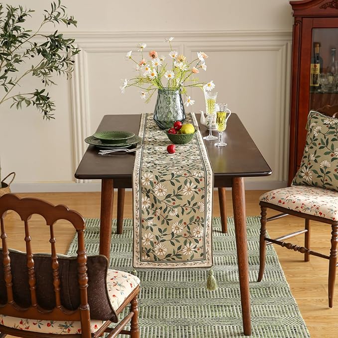 Designer Green Elegant Linen Table Runner 71 Inches Long,Flower and Leaves Pattern Wrinkle Resistant Table Runners for Dining Tables,Thanksgiving,Kitchen Tables,Christmas,12"*71"-Brune