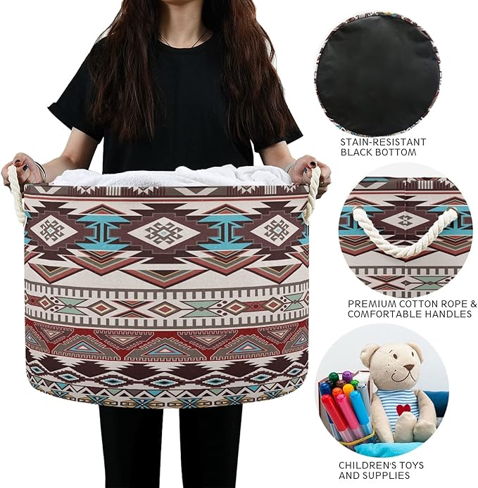 xigua Large Storage Basket Cotton Rope Basket Aztec Navajo Pattern Baby Laundry Basket for Blankets Toys Storage Basket Laundry Hamper