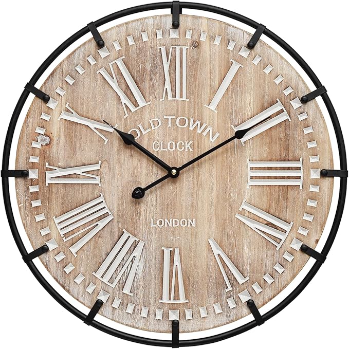 20 Inch Large Farmhouse Wall Clock, Rustic Antique Wood with Metal Circle and Large Engraved Numerals, Silent Battery Operated Wall Clock for Office Kitchen Bedroom Living Room
