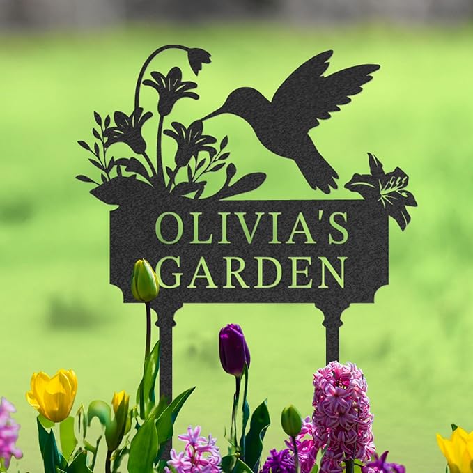 Personalized Metal Garden Sign, Custom Name Stake Decor, Hummingbird Yard Art, Outdoor Gardening Home Decor, Garden Stake Gifts for Plant Lovers