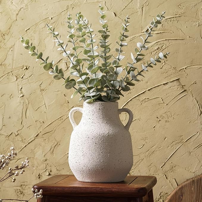 Vintage Farmhouse Flower Round Ceramic Vase with 2 Handles, Rustic Pampas Grass Vase, White Modern Decorative Flower Ceramic Vase for Home Decor, Table, Living Room Decoration, Office, 7.7 Inch