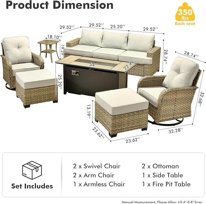 HOOOWOOO Outdoor Sectional Patio Furniture Set with Fire Pit Table,9 Pieces Wicker Conversation Sets,Extra Deep Out Door Sofa Outside Furniture Couch Swivel Chairs Ottoman,Light Gray