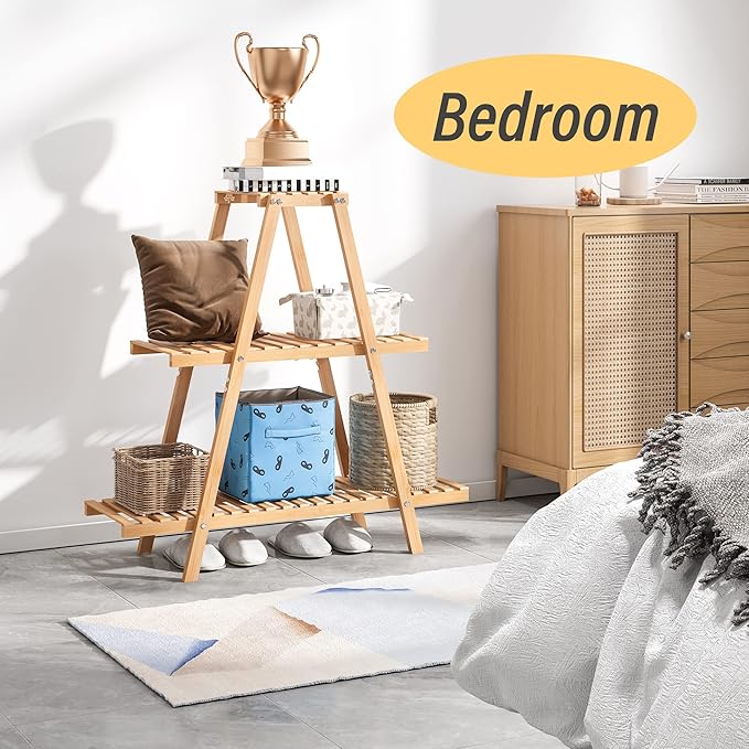 Bamboo Plant Stand - Indoor/Outdoor 3 Tier Plant Ladder, 8 Potted Flower Holder, Natural