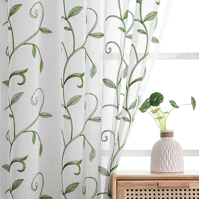 VISIONTEX White Sheer Voile Curtains, Decorative Leaves Embroidery Faux Linen Rod Pocket Window Drapes for Home Kitchen, Living Room and Bedroom 26 x 36 Inch, Set of 2 Curtain Panels
