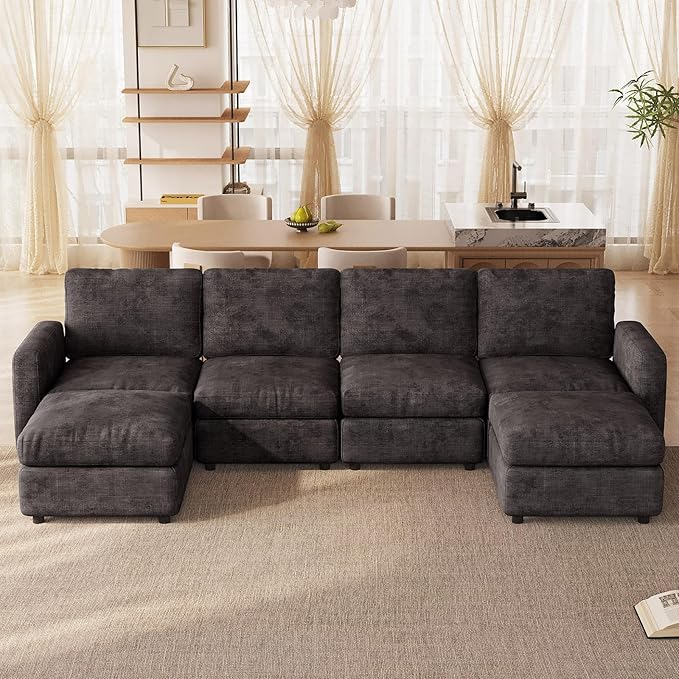 Cloud Couch Modular Sectional Sofa with Ottoman,6 Seat Combination (4 Seater and 2 Ottomans), Grey Corduroy L Shaped Couch, Comfy Modular Sofa for Living Room, Bedroom, Lounge