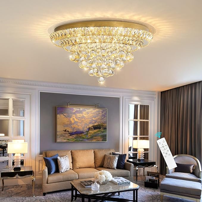 Modern Glam Crystal Chandelier Dining Room Bedroom Ceiling Lights Chandelier with Dimmable Bulbs Ceiling Lighting Fixture 23.6 Inches Gold Light
