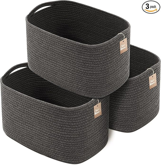 CHAT BLANC Cotton Rope Baskets for Organizing | Storage Baskets for Shelves | Rope Basket for Storage, Small Laundry Woven Baskets for Dog Toy Bin, Baby items, Graphite 3 Pack