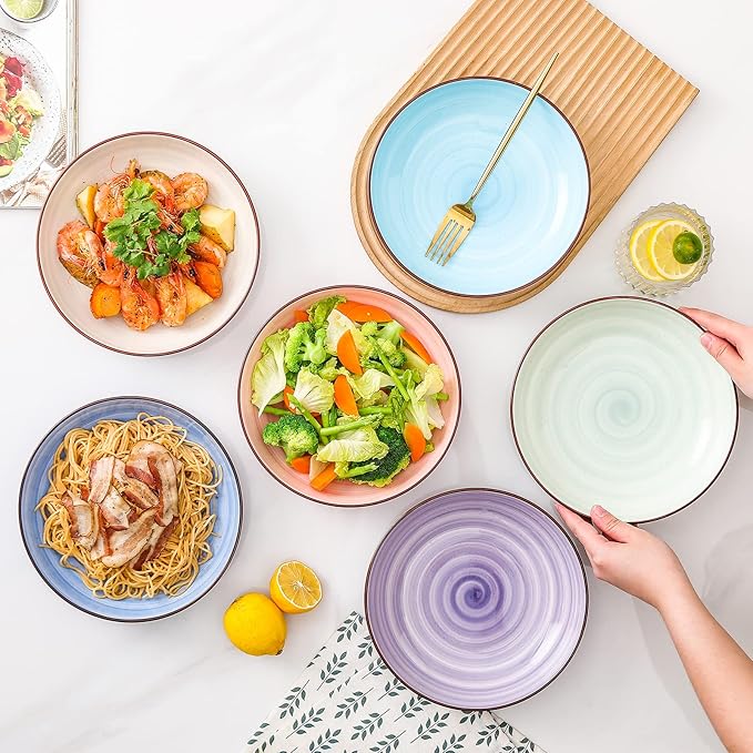 KitchenTour Ceramic Pasta Bowls - Large Salad Bowls Porcelain Serving Bowl Set 26 Ounce - 8 Inch Soup Bowl - Dishwasher and Microwave Safe - Set of 6, Assorted Warm Colors