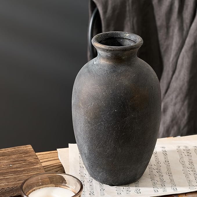 Ceramic Rustic Flower Vase, 8.38 Inch Vintage Pottery Home Decor, Farmhouse Terracotta Vase for Living Room, Table, Shelf, Mantel Decoration, Farmhouse - Black Bronze