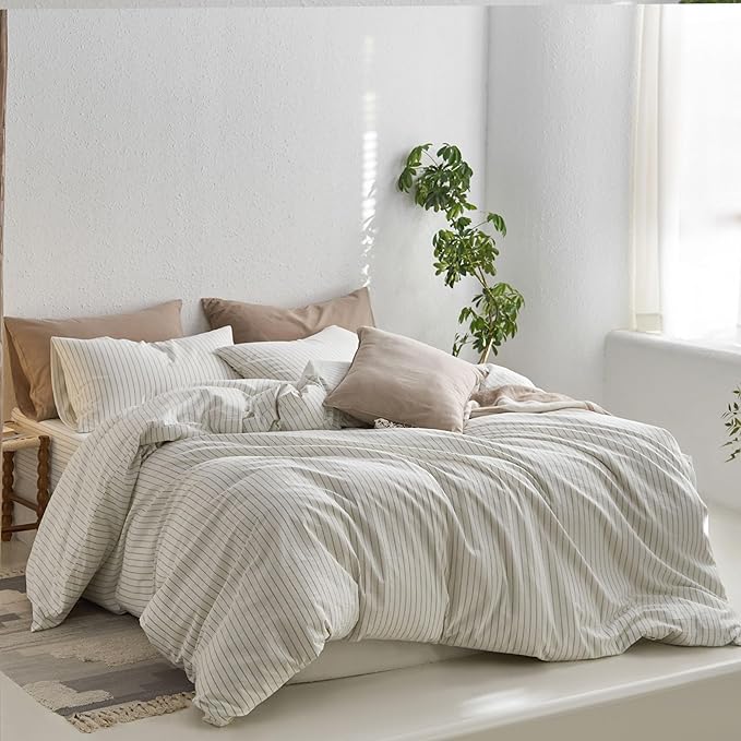 MooMee Striped Duvet Cover Set 100% Washed Cotton Linen Like Textured Breathable Durable Soft Comfy (White Sage Green Wide Stripes, Cal King 104"x98")