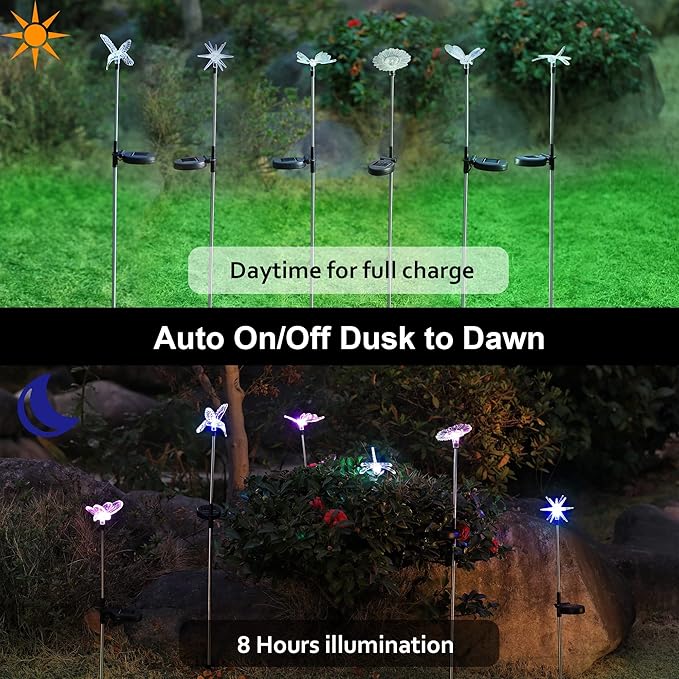Glintoper 6 Pack Solar Garden Stake Lights Outdoor, Solar Butterfly Figurine Lights, Multi-Color Changing LED Landscape Lighting, Sparkling Star Flower Hummingbird Dragonfly Bee for Patio Yard Pathway