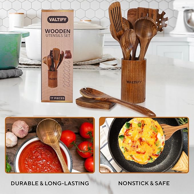 Kitchen Utensil Set | 17-Piece Wooden Cooking Utensils with Holder & Hooks | Teakwood Utensils Set for Cooking | Non Toxic Wooden Spoons | Spatulas & Kitchen Accessories