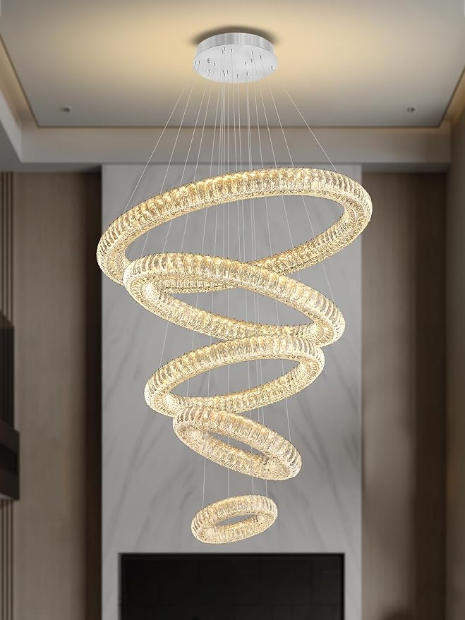 Extra Large LED 5-Ring Crystal Chandeliers for High Ceiling Modern Glam Crystal Ring Chandeliers Living Room Foyer Staircase D8+15.7"+23.6"+31.5"+39.4"