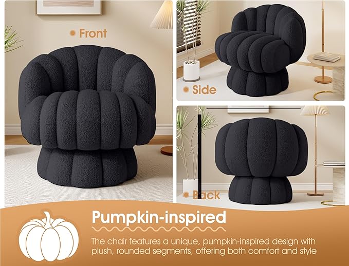 Mid Century Modern 360 Degree Barrel Swivel Accent Vanity Chair,Fluffy Sherpa Fabric Lounge Wide Upholstered Pumpkin Reading Chair, Round Cloud Armchair for Living Room,Bedroom,Vanity(Black)