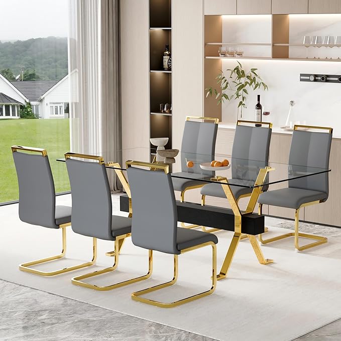 7 Piece Glass Dining Table Set, 79" Modern Dining Table Set for 6, 0.5" Thick Tempered Glass Tabletop with Gold Chrome Metal Legs and Black Crossbar, 6 PU Chairs for Dining Room, Kitchen