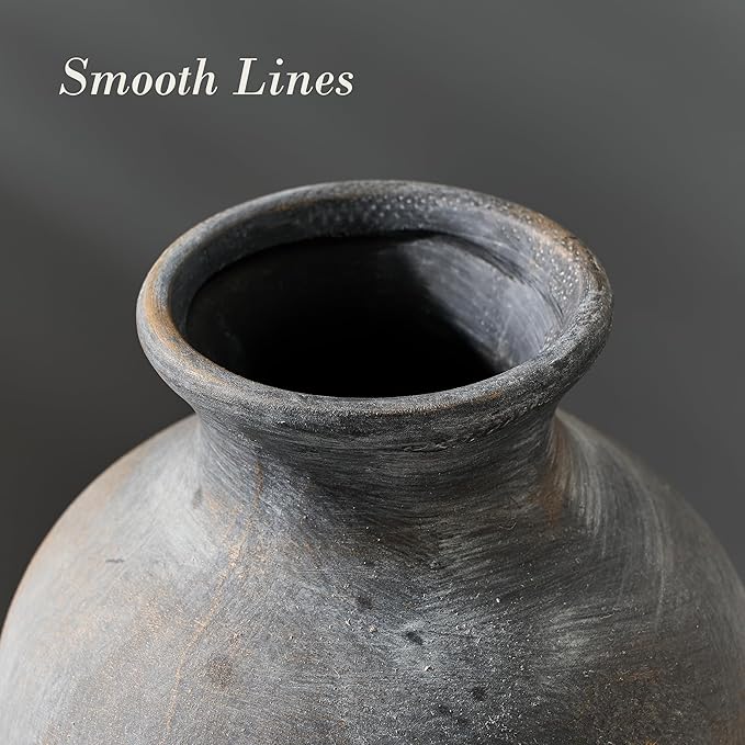 Ceramic Rustic Flower Vase, 8.38 Inch Vintage Pottery Home Decor, Farmhouse Terracotta Vase for Living Room, Table, Shelf, Mantel Decoration, Farmhouse - Black Bronze