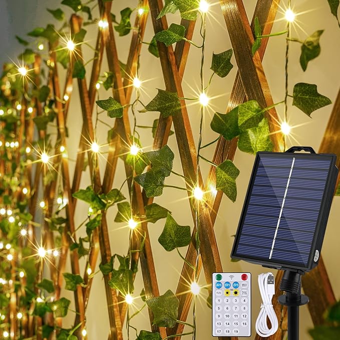 OMIKA Solar Fairy Lights with Vine, 66FT 200LED Solar String Lights & USB Outdoor Waterproof with Ivy, 19 Modes Vines with Light for Balcony Camping Outside Garden Yard Fence Wedding (Warm White)