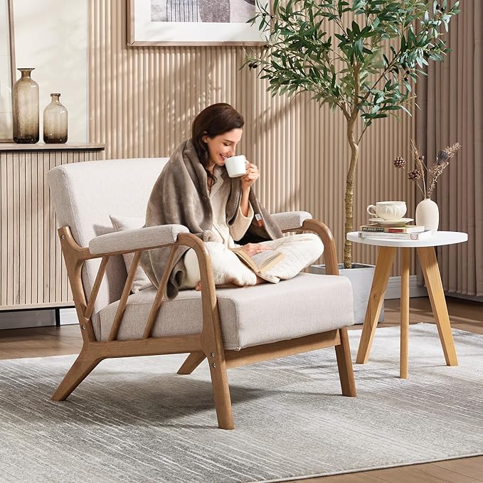 ANJ Mid Century Modern Accent Chair Set of 2，Living Room Chairs with Wood Frame &Lumbar Pillow, Upholstered Reading Armchair for Bedroom